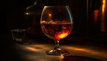 Luxury whiskey and brandy on wooden table generated by AI - obrazy, fototapety, plakaty