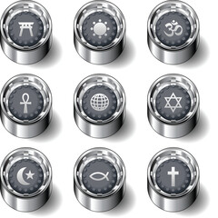 World religious icons on modern rubber vector button set