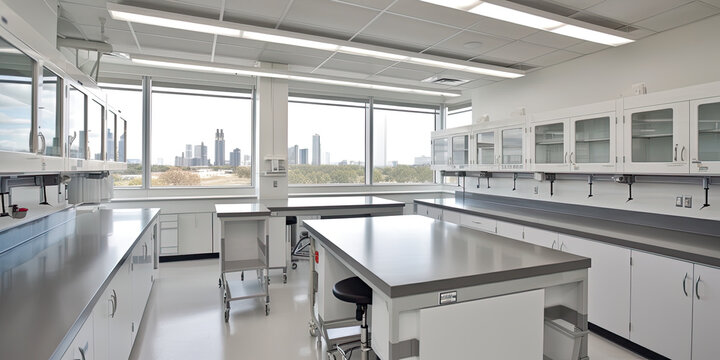 A large laboratory with a lot of counter space. Generative AI.