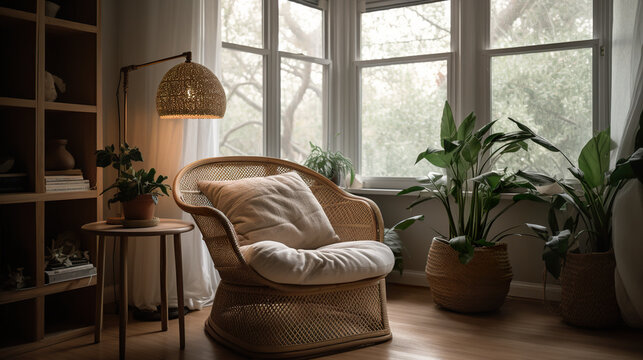 A living room with a wicker chair in front of a window. Generative AI. Lamp illuminating reading nook by large window.