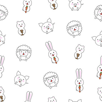 Cute babies seamless pattern with animals. Hand drawn background. cartoon animals sheep, hare, pig and bear
