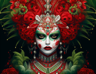 a green and white lady with makeup and gothic carnival mask, magical woman with red headdress, fictional person created with generative ai