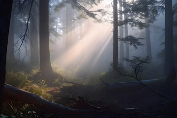 A mystical foggy morning in a dense forest, with the first rays of sunlight filtering through the mist.