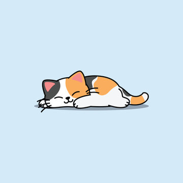 Naklejka Lazy calico cat sleeping cartoon, Cute fat cat three color, vector illustration