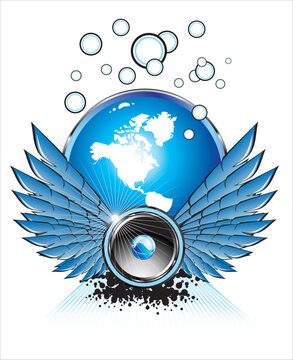 Flying spaker with bubbles,wings and music elements