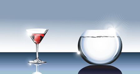 elegant Wine glass and fishbowl on a glass table.