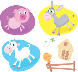 Funny baby animals. Includes also Farmhouse, fence and four-leaf clover. Vector Illustration.