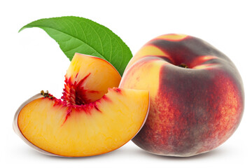 Fresh Peach slice and whole with leaves isolated on white background