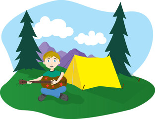 Illustration of a boy playing guitar at his camp sight.