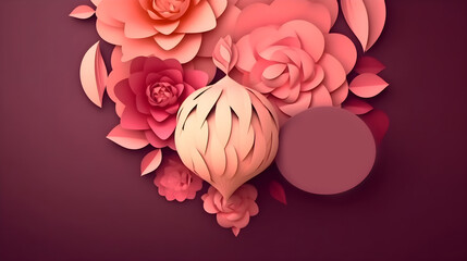Illustration of flower decoration as nature background and backdrop with some copy space good for invitation, greetings, wedding, valentine, or romantic love design element. Generative AI technology.