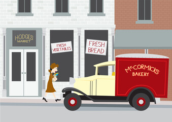 Illlustration of a 1940's grocery store scene.