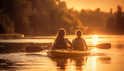 Two smiling people paddling canoe at sunset generated by AI