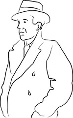 Vector illustration of a man in a trench coat and hat in outlines.