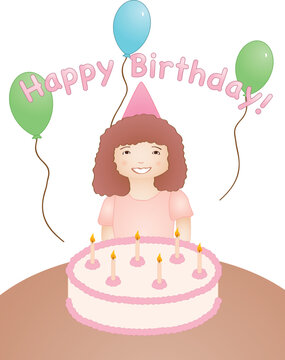 Vector illustration of a young girl in front of a birthday cake with candles and balloons.