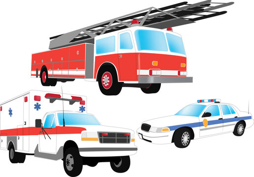 Emergency vehicles - firefighter, ambulance and police car