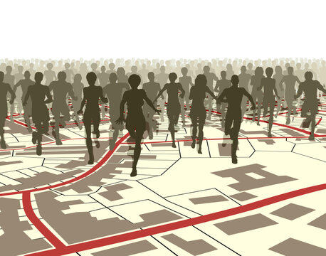 Editable vector illustration of a crowd of people running over a generic street map