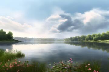 A tranquil scene of a quiet lake, surrounded by lush greenery and blooming wildflowers, reflecting the soft clouds of the afternoon sky. AI-Generated.