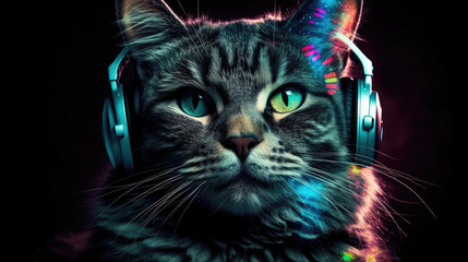 Cat in headphones. Cat leastening music. Generative AI