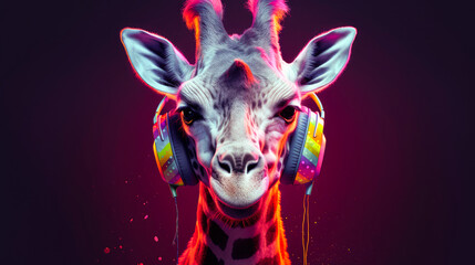 Giraffe head in headphones. giraffe leastening music. Generative AI