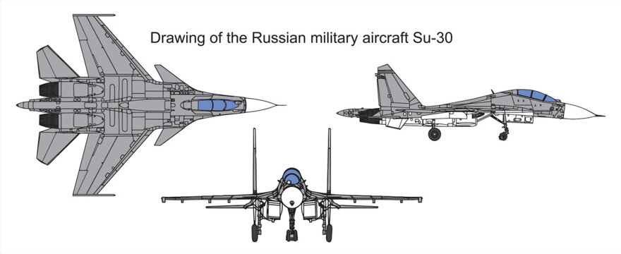 Vector drawing of a russian military aircraft su-30.
General view of a war plane fighter bomber.
Top, side, front views. Cad scheme.