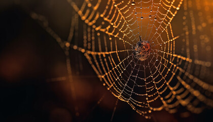 Spooky spider web traps dew drops outdoors generated by AI