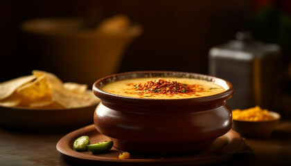 Fresh gourmet vegetable soup in rustic wooden bowl generated by AI