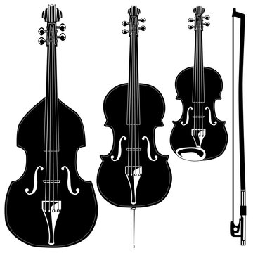 Stringed instruments in detailed vector silhouette.  Set includes violin, viola, cello, upright bass, and bow.