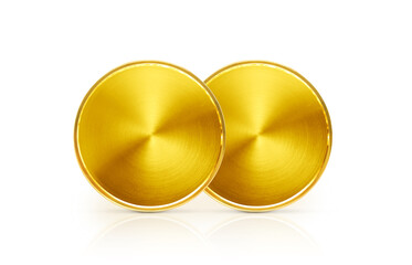 two gold coins front view laying on white background