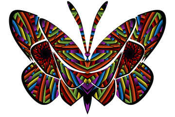 The symmetrical illustration logo in the shape of a butterfly has dynamic gradient batik flower line art in a luxurious pattern colour 
