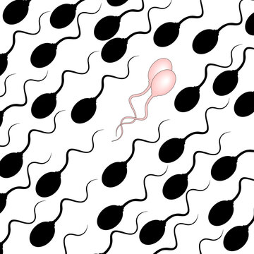 Editable vector illustration of pink sperm swimming against the tide