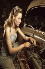 Plakat Reviving vintage magic, this vibrant young mechanic finds her joy in every grease-stained detail of this classic beauty. Generative AI, AI