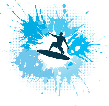 Silhouette of a surfer on a grunge splash background