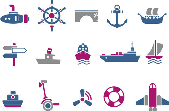 Vector icons pack - Blue-Fuchsia Series, transport collection