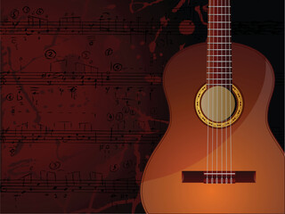 Vector background with acoustic guitar and musical notes.