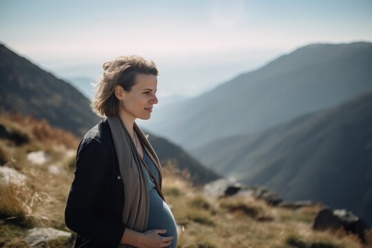 Pregnant woman in the mountains. Beautiful young pregnant woman on the background of mountains.