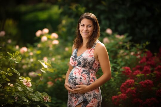 Beautiful pregnant woman in the garden. Portrait of a beautiful pregnant woman