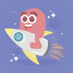 Isolated cute happy brain cartoon character on a rocket Vector illustration