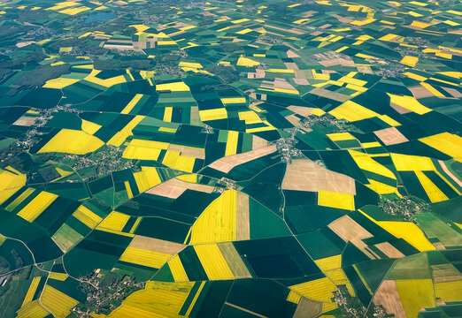 Aerial view with the amazing geometry texture landscape of a lot of agriculture fields with different plants like rapeseed, barley and wheat, Farming industry