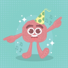 Isolated cute happy brain cartoon character celebrating Vector illustration