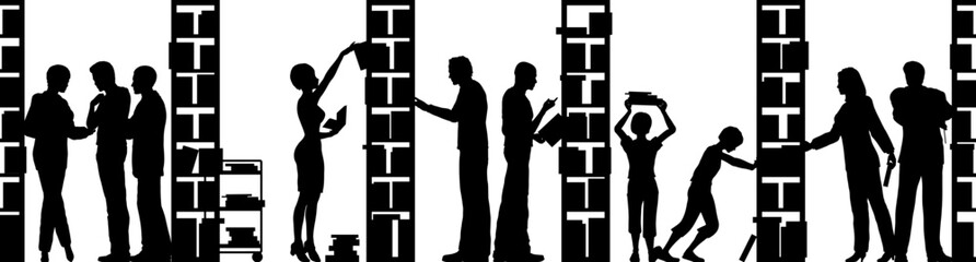 Editable vector silhouette of people in a library with all elements as separate objects © Designpics