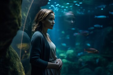 Portrait of a beautiful woman in front of a big aquarium.