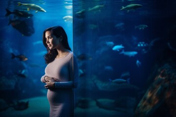 Pregnant woman standing in front of a large aquarium with fishes