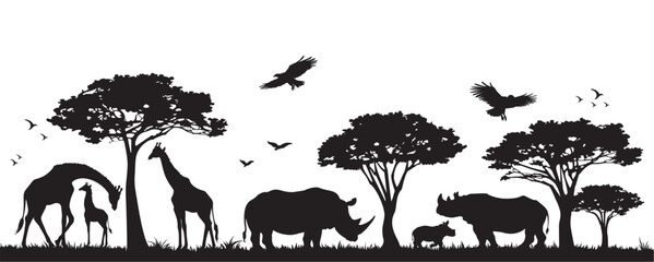 Silhouette of animals and birds in the savannah. African landscape scene. Vector horizontal seamless tropical background with rhinos, giraffes and flying birds. Black isolated silhouette - obrazy, fototapety, plakaty