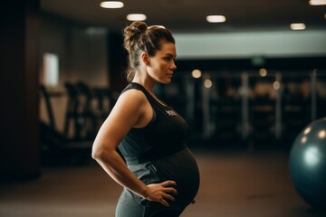 Pregnant woman in sportswear doing exercises at gym.