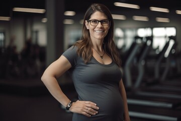 Fototapeta premium Group portrait photography of a pleased pregnant woman in her 40s that is wearing a casual t-shirt against a gym or fitness center background . Generative AI