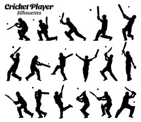 Cricket player silhouettes vector illustration set.