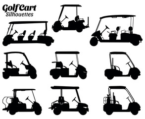 Golf cart silhouettes vector illustration set. © Ascreator
