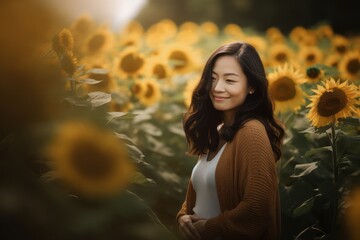 Portrait of beautiful asian woman in sunflower field, vintage tone