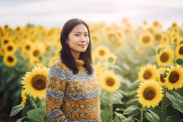 Portrait of a beautiful asian woman in a field of sunflowers