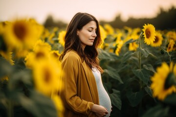 Naklejka premium Pregnant woman in yellow dress at sunflower field at sunset